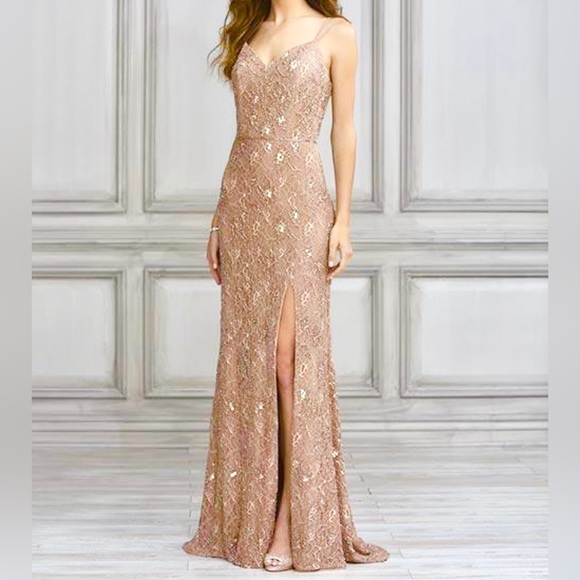 Adrianna Papell Rose Gold Sweetheart Beaded Slit Gown